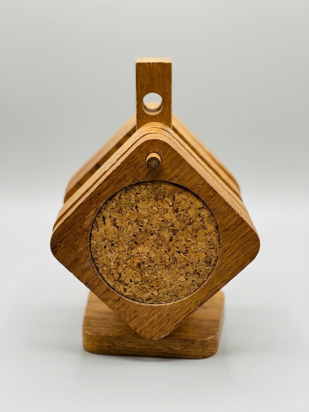 Vintage Oak and Cork Coaster Set with Hanging Stand Retro Barware